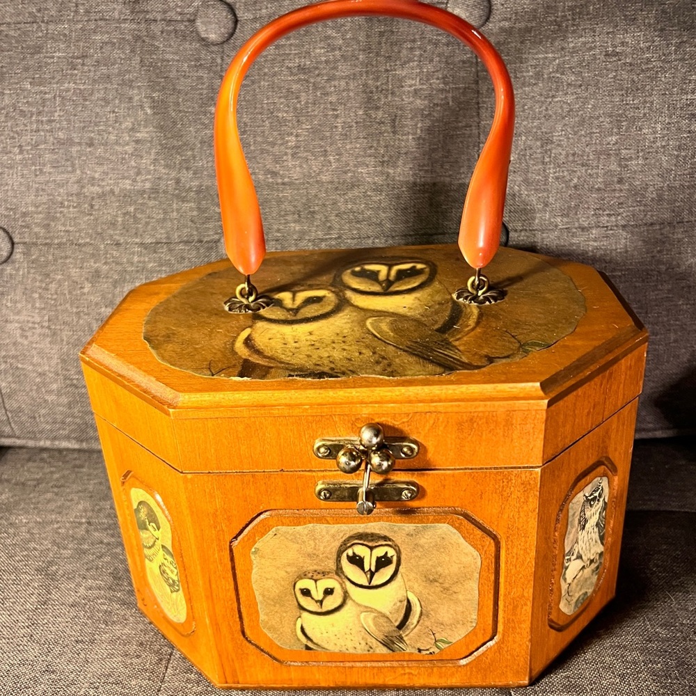 Vintage possibly Annie Laurie 1950’s-60’s wood box purse OWLS folk art